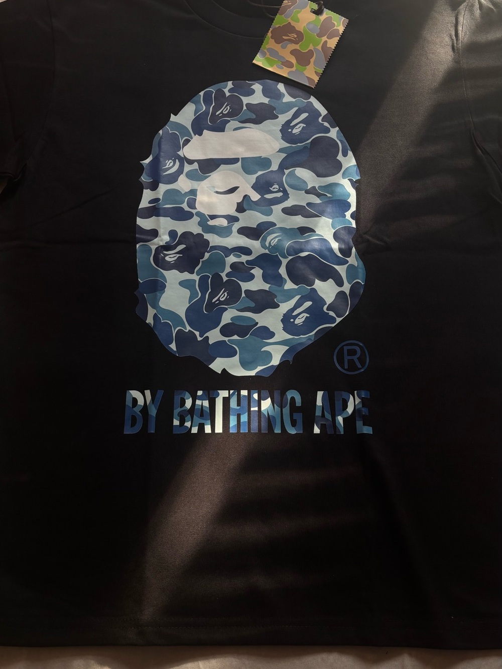 A Bathing Ape Black Short-Sleeve Tee with Blue Camo Ape Logo